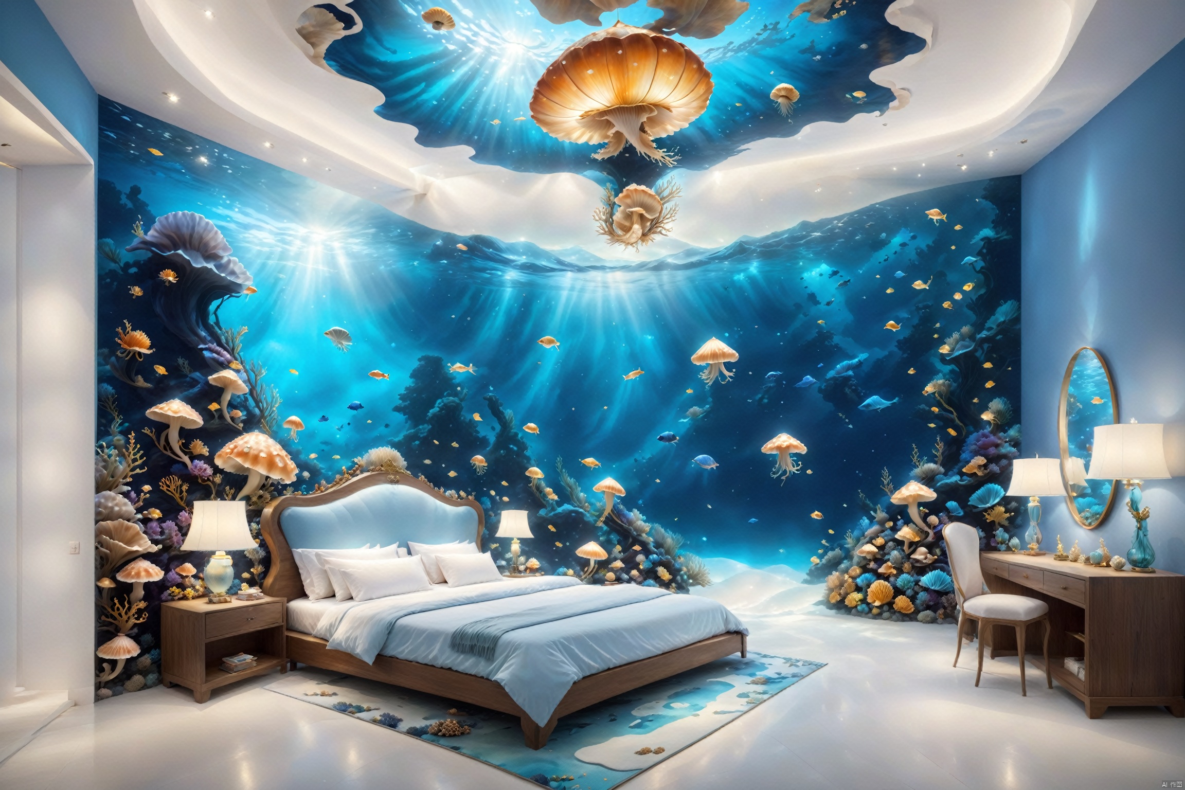  A bedroom under the sea, surrounded by dreamy mushrooms. The walls are made of colorful corals and anemones, with glowing jellyfish and colorful fish swimming above through the ceiling. The bedroom is elegantly decorated with a bed made of shells and seaweed, with a conch shell lamp beside it. The whole room is filled with a mysterious and enchanting ocean atmosphere, suitable for high-definition underwater photography, intricate details, clear focus, vivid colors, realistic art, suitable for framing, interior design, and fine art prints., Installation art