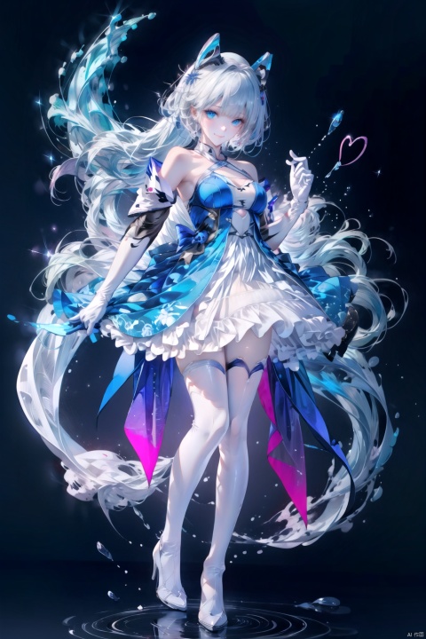  tianqijijijia, solo, 1girl, long hair, blue eyes, gloves, smile, looking at viewer, bangs, full body, mecha musume, dress, high heels, white hair, boots, tattoo, thighhighs,breasts, elbow gloves, heart, bare shoulders, white dress, floating hair, high heel boots, thigh boots, inksketch