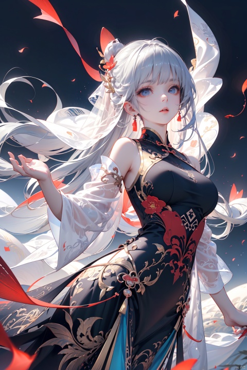 （（Blue eyes, long white hair, bangs：1.36）, To shoot from above. ,art by Zao Wou-ki,extreme close - up, focus on face, A woman in Hanfu, wearing a white transparent veil Chinese swordsman floats over the bamboo forest and stretches his body, solo,gopro photography, enemy falling to the ground, ancient Chinese bamboo forest in the background, concept art,,QingKung,1girl,( super vista, super wide Angle:1.6),(horizon:1.3)
