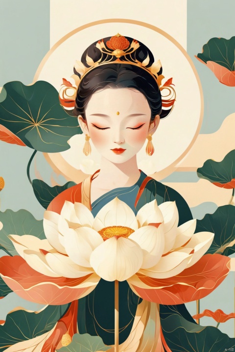  A beautiful woman with a simple lotus flower,Illustration,Minimalismm,dreamlike picture,subtle gradation,calm harmony,elegant use of negative space,graphic design inspired illustrations, Oriental flat aesthetics