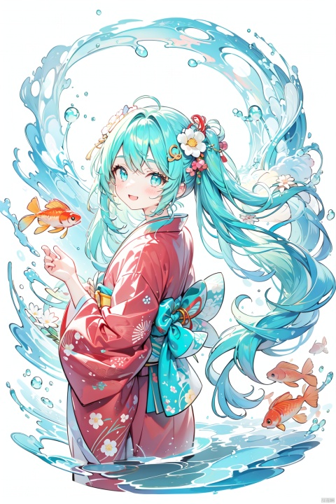  1girl, aqua_eyes, aqua_hair, fish, floating_hair, floral_print, flower, goldfish, hair_flower, hair_ornament, hatsune_miku, japanese_clothes, kimono, long_hair, obi, open_mouth, red_kimono, sash, smile, solo, twintails, very_long_hair, water, white_background, white_flower, wide_sleeves