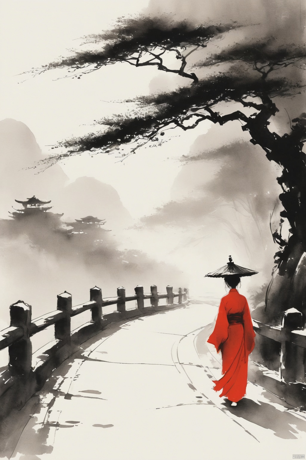 Chinese ink painting,fine and smooth brush strokes,minimalist,Simple lines outline a winding path,chinese ancient woman in red Stand at the end of the road seems to be waiting for something,leave a large area blank,clean white background,feeling of loneliness,zen and ethereal,abstract composition,Ultrawide shot,HD. --no signature,trees