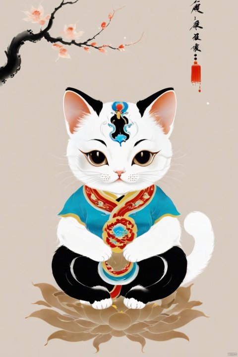  Chinese Ink Painting of a Cat in Chinese Dress, sitting cross-legged with hands folded and eyes closed, practitioner pose, front view, full body portrait, Zen, simple color scheme, traditional Chinese minimalism, high definition, rich in detail
