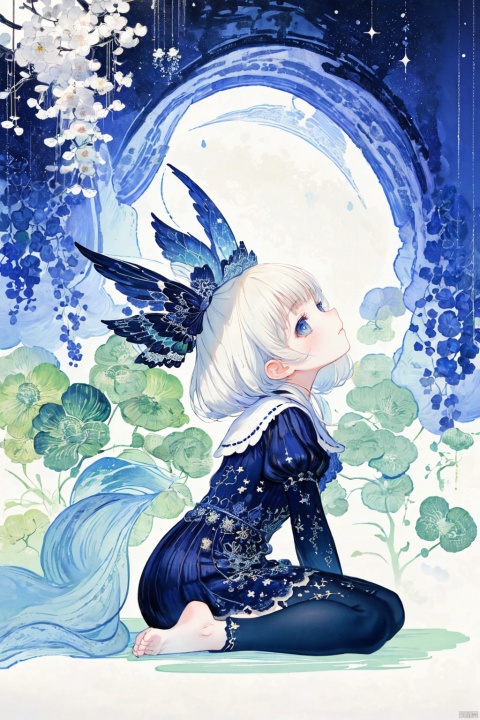  illustration, ((close)),from side,a kawaii girl with long white hair, featuring bangs and captivating blue eyes,sitting,looking at the sky, a path to dreams,(cartoon:1.2),BREAK,beauty,\
(Van Gogh's starry night\:1.2), dreams, health, art, illustrations,Create a dreamlike starry background, warm and beautiful, abstract and realistic, an extremely delicate and beautiful,extremely detailed,8k wallpaper,Amazing,finely detail,best quality,official art,extremely detailed, CG, unity, 8k, wallpaper , Children's Illustration Style, Scribble,