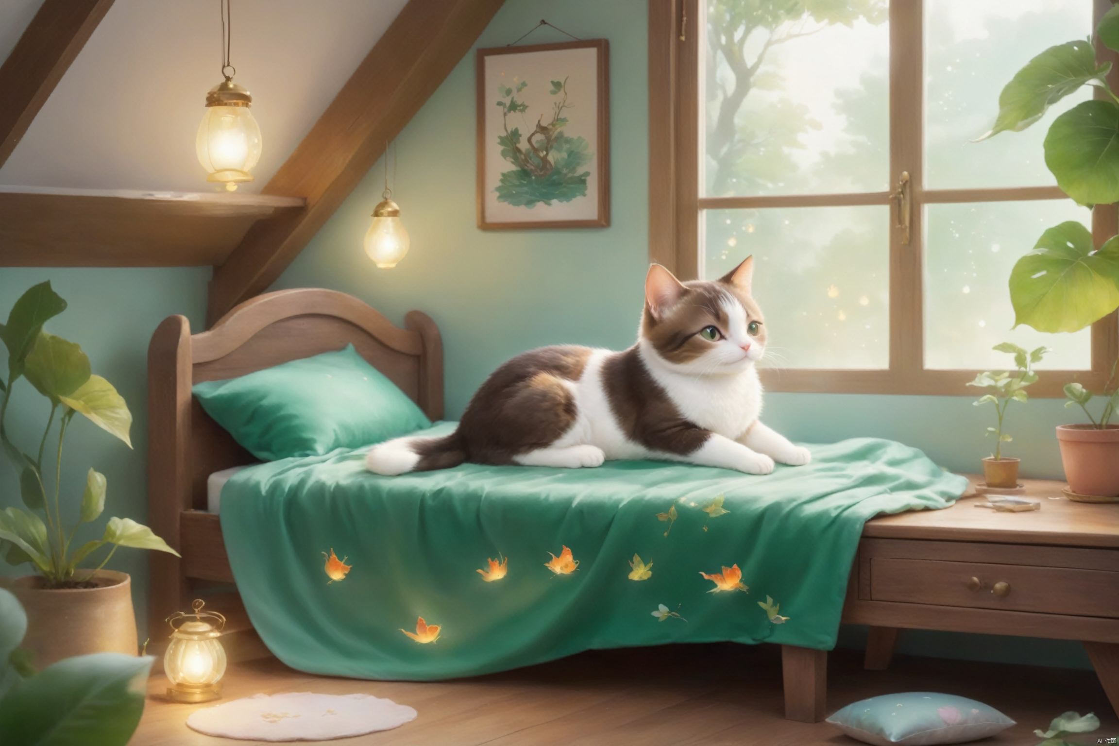  A cat lying on the bed, Dreamy bedroom in a treehouse, cozy bed with colorful blankets, fairy lights hanging from the ceiling, sun streaming through the window, green leaves peeking in, a whimsical decor with nature-inspired motifs, a small desk with art supplies, soft and tranquil atmosphere, captured in a dreamy watercolor painting style