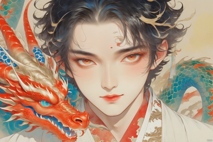 A beautiful anime boy with red eyes and black hair, wearing white robes adorned in colorful patterns covering his face as he holds up an ancient mask of a dragon to cover the area around his mouth, in the style of Takehiko Inoue and in the style of Hsiao Ron Cheng, closeup, dark background, fantasy style, mysterious atmosphere, highly detailed, ultra high resolution 