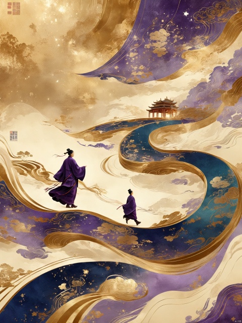 Classical Chinese style, surreal theme, deep and warm tones, modern special effects, dynamic and flowing, fine texture,combination of cultural elements.  Silver, purple, dark blue.
break

Taoist people walk on scrolls, this surreal layout destroys the regular spatial perception and gives the picture a dreamlike quality.   Light effects and grainy points of light are used throughout the image to create a cosmic or starry feeling, with the characteristics of modern digital art.   mainly gold, green and brown, producing a quaint and warm visual effect.