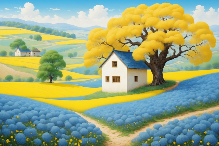  There is a house under a huge blue tree, there is a path in the middle of the rapeseed field, healing style, fairy tale world, minimalism, minimalism, Quentin Black, color particles, pencil painting, James, R., Eads, by, Anna, Dittmann, Beeple, spell text with character codes, use it as mosaic, pointillism, light points, etc. to add detail texture, axis shifting photography, splashing, master works, ultra-high detail, high definition 8K, miniature space background minimalism, layering, sense of space, cascading, minimalist style, very minimalist, oriental aesthetics, zen, master composition, Ye Ruikun, professional, ultra high definition, 64K, ultimate effect, ultra high definition, Extremely detailed, ultra-detailed, three-dimensional antique