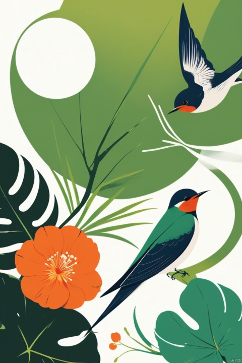 A poster with a graphic illustration of tropical plants, illustrations of green plants and swallows, style of urban meets Nature, vibrant illustration style, minimalist style, graphic illustration, line art, circular lines, lifelike bird illustrations, green, scientific illustrations