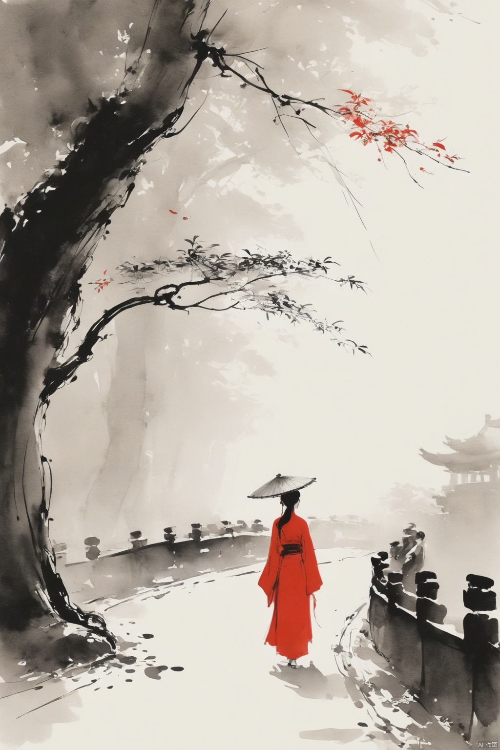 Chinese ink painting,fine and smooth brush strokes,minimalist,Simple lines outline a winding path,chinese ancient woman in red Stand at the end of the road seems to be waiting for something,leave a large area blank,clean white background,feeling of loneliness,zen and ethereal,abstract composition,Ultrawide shot,HD. --no signature,trees