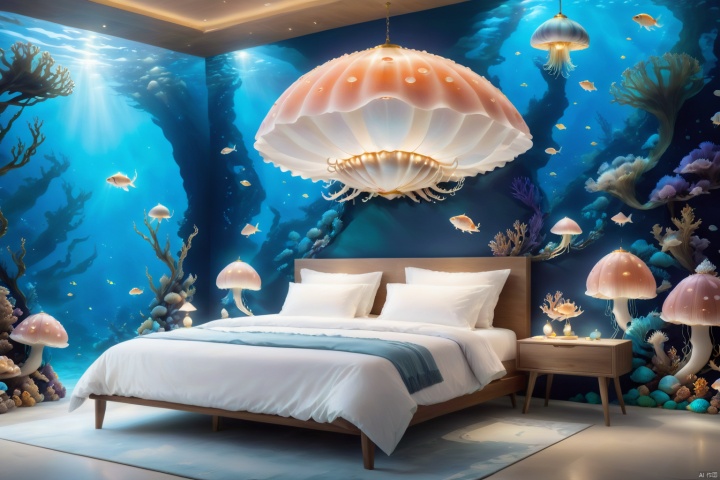  A bedroom under the sea, surrounded by dreamy mushrooms. The walls are made of colorful corals and anemones, with glowing jellyfish and colorful fish swimming above through the ceiling. The bedroom is elegantly decorated with a bed made of shells and seaweed, with a conch shell lamp beside it. The whole room is filled with a mysterious and enchanting ocean atmosphere, suitable for high-definition underwater photography, intricate details, clear focus, vivid colors, realistic art, suitable for framing, interior design, and fine art prints., Installation art, ocean style