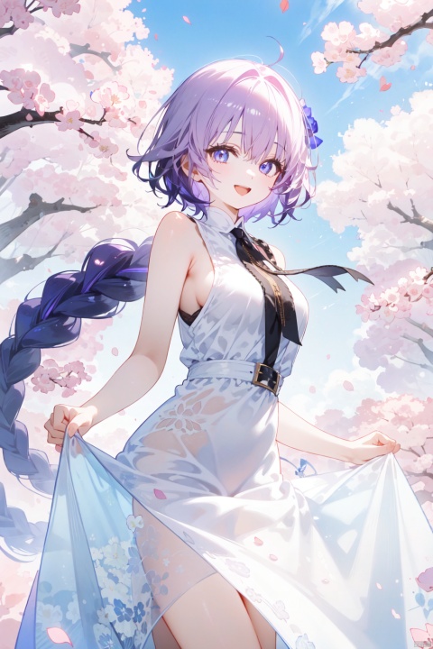 girl, :d, bangs, bare_arms, bare_shoulders, black_bow, black_ribbon, blue_eyes, braid, breasts, cherry_blossoms, clothes_lift, confetti, cover, cover_page, doujin_cover, dress, eyebrows_visible_through_hair, falling_leaves, falling_petals, flower, hanami, jeanne_d'arc_\(fate\), jeanne_d'arc_\(fate/apocrypha\), leaves_in_wind, long_hair, looking_at_viewer, open_mouth, petals, petals_on_liquid, rose_petals, single_braid, skirt_basket, skirt_hold, sleeveless, smile, solo, spring_\(season\), very_long_hair, white_dress, wind