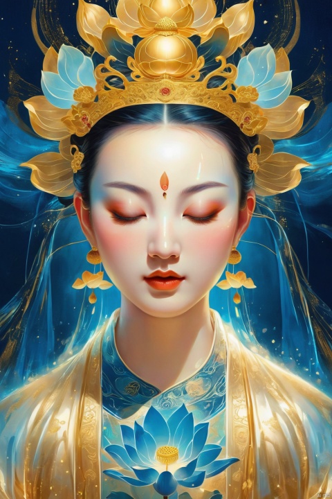  Fiber optic light painting,A beautiful face of a chinese girl with closed eyes, lotus flower in the center and glowing blue light around her head, digital illustration, fantasy art style,holographic, pure blue background, symmetrical composition, golden ornaments, detailed illustrations