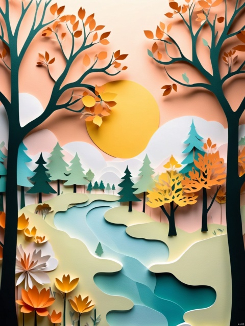  Paper cutting art and paper sculptures, two-dimensional and multi-dimensional layers, rounded shapes, ultra-detailed illustrations, pastel palette themes, realistic use of light and color