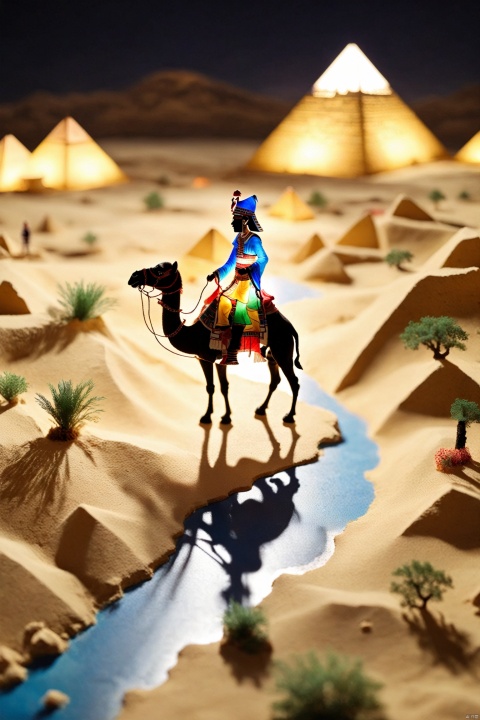 High Angle shooting, Tilt-shift photography, Map of Egypt, Pyramids, woman riding a camel, close-up, 3D, ASCII, Movie Light, Center Light, Shadow play, Colorful light and shadow
