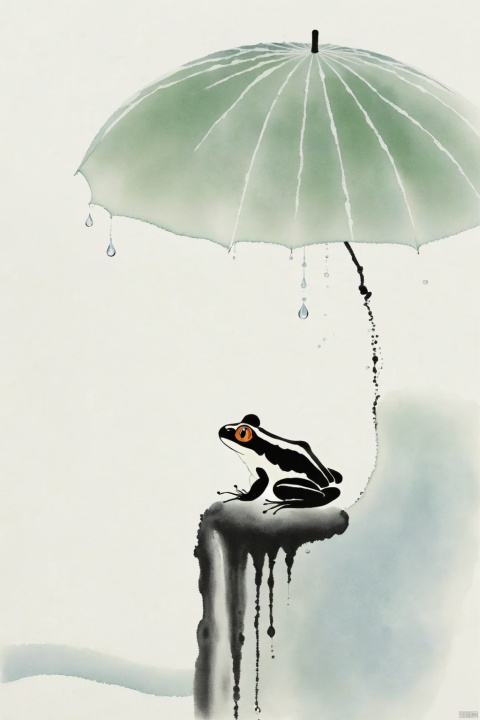 (A vine - a frog sitting leisurely on the vine with an umbrella), minimalist ink painting, raindrops
