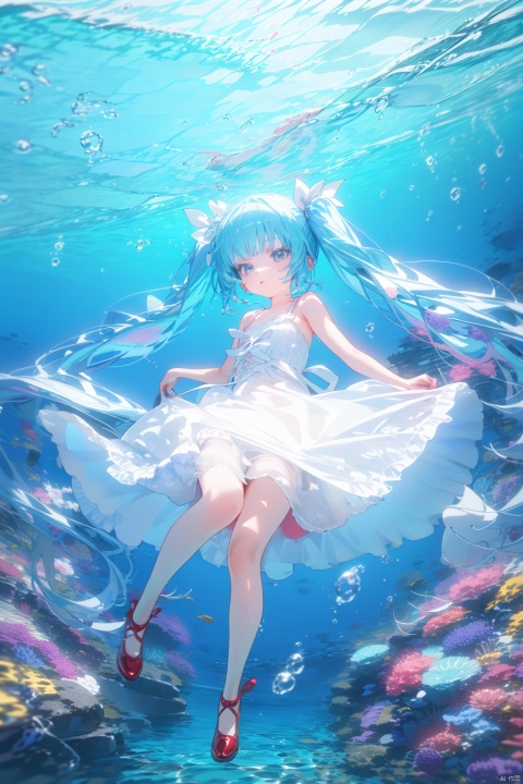  1girl, hatsune miku, solo, best quality, aesthetic, detailed, white background, very long hair, twintails, white dress, shoes, red footwear, ribbon, sleeveless, fruit, string of fate, flower, air bubble, underwater, water drop