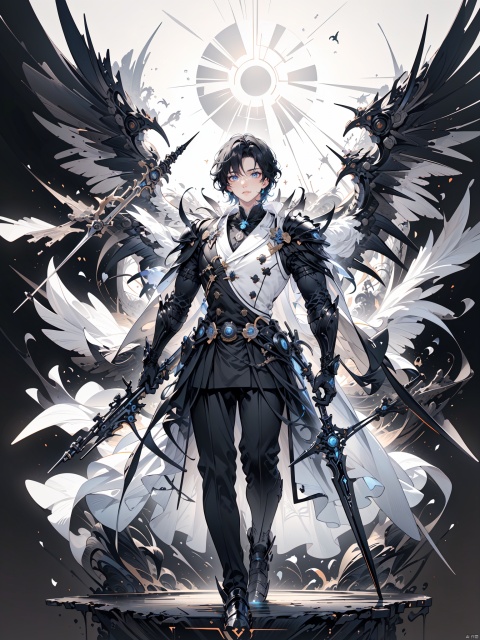  (a sunny boy :1.4), handsome, cheerful and outgoing personality, covered with silver and black Jun sky armor, (bright eyes, big eyes :1.42), big eyes, deep God, animation works, graphics card -ZOTAC, holding a long spear, called the front of the spear, the center of the ring flowing brightly, carrying wings, feet in the sky, the gun out like a dragon, dazzling, Monochrome, no color, black and white ink, style, brush strokes, short black hair, big eyes, front, front, white background, extreme detail, handsome, handsome,