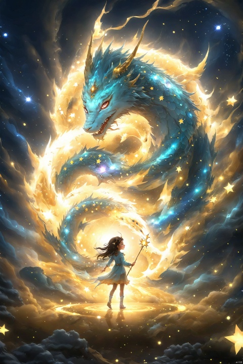  Ultra HD wallpaper, super detail, epic picture, cinematic light and shadow contrast, best quality, master masterpiece, (little girl holding a small cute star dragon baby), (behind the star baby after the transformation of the Fa: 1.46), the Fa is a young and beautiful (Dragon Queen: 1.28), the dragon horn crystal, wearing a star crown, wearing a gorgeous dress composed of stars. Her eyes shone like stars, her hair like stars in the universe, flowing and shining. She holds a star scepter in her hand, representing her infinite cosmic power, and has a shining star ring around her body, possessing mysterious, powerful and intelligent qualities, which can provide powerful guardian power