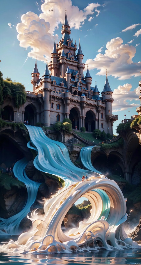 masterpiece, best quality, 8K ultra-high res, (photorealistic:1.4), high detailed RAW photo, photographic reality, realistic, extreme real, 
water, castle, no humans, sky, cloud, fantasy, scenery, day, outdoors, waterfall, blue sky