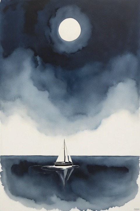Calm, clear, serene, white sailboat, sailing, ocean, dark blue background, large white space, minimalist ink painting