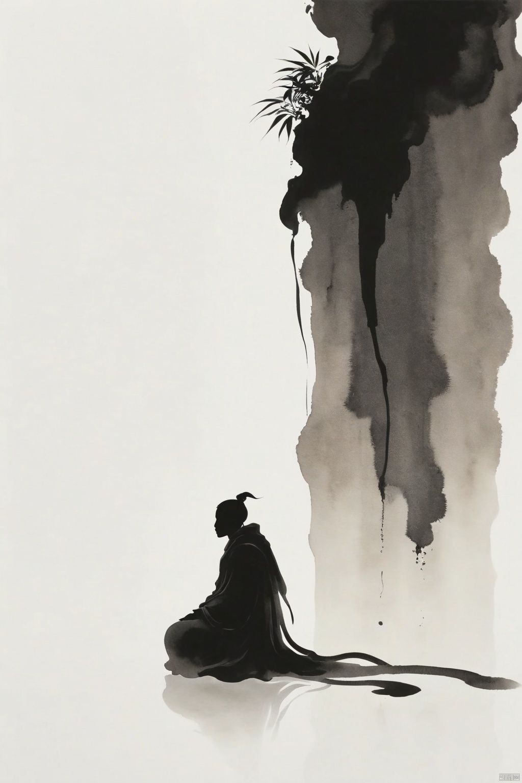 Silhouette of the Great Saint, downward diffusion of ink, large areas of white space, minimalist illustration