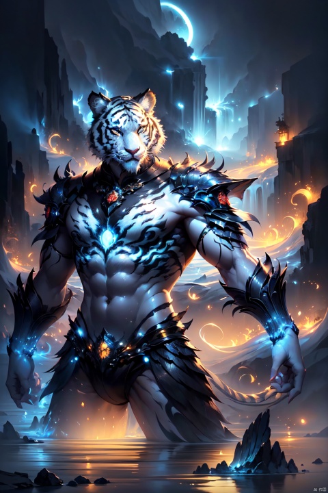 (Chinese God beast, White tiger :1.36), (big eyes: 1.38), tiger is strong, the arrogance of roaring mountains, Oriental mythology illustration style, mountain, water, double shadow, double image, national tide art illustration, conceptual design, low light, gold light, ultra high definition, super detail, epic shock, visual art, super screen impact, mountain sea view, white tiger, myth