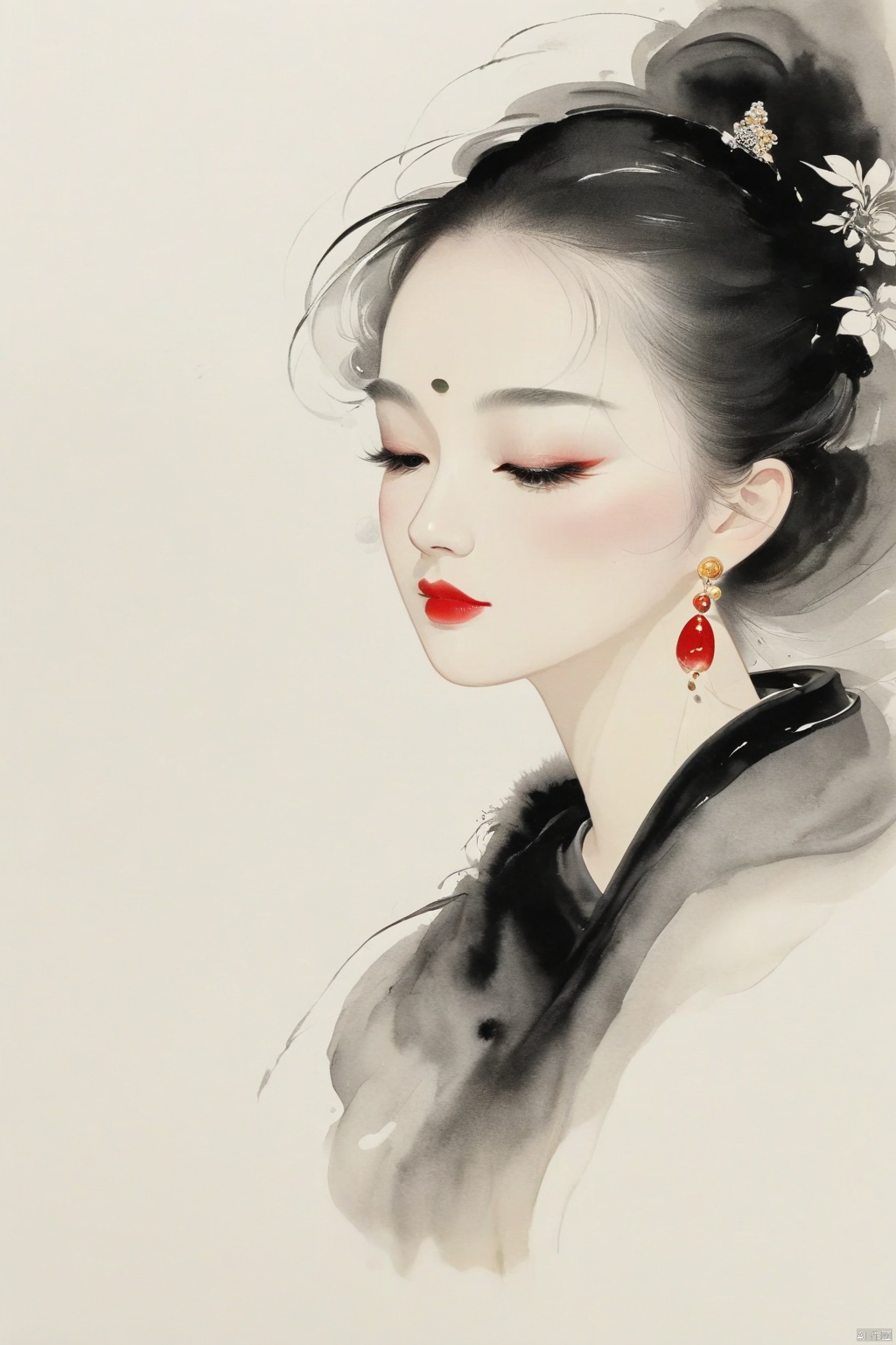 Chinese ink painting, thick black brush strokes,elegant Shanghai woman, Luxurious fur coat,beautiful eyes, long eyelashes, rosy red lips, clean face,clean white background,soft, minimalist,high definition