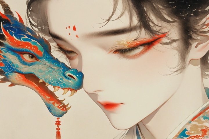 A beautiful anime boy with red eyes and black hair, wearing white robes adorned in colorful patterns covering his face as he holds up an ancient mask of a dragon to cover the area around his mouth, in the style of Takehiko Inoue and in the style of Hsiao Ron Cheng, closeup, dark background, fantasy style, mysterious atmosphere, highly detailed, ultra high resolution 