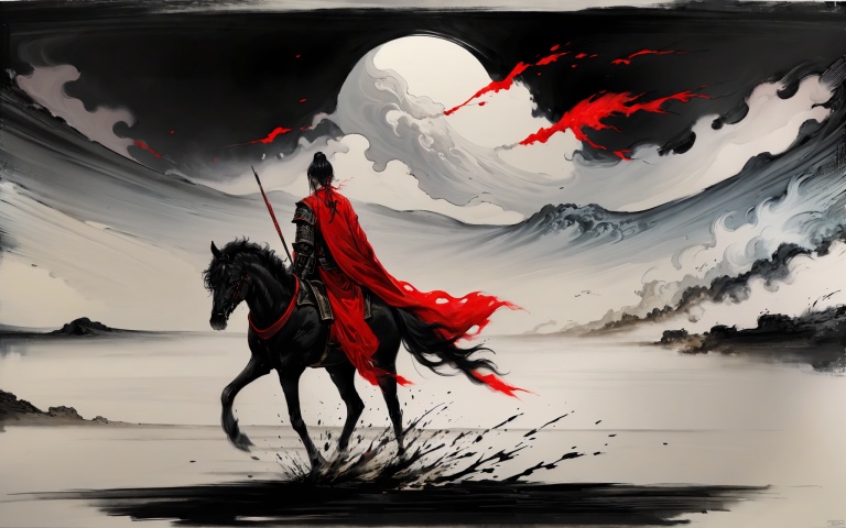 Mofeng, General, Three Kingdoms, Zhao Yun, riding a horse, holding a red tassel gun in one hand, flowing cloak, wearing silver armor, (one stroke back horse gun: 1.5), such as the birth of the Dragon, magnificent scene, super wide Angle lens, ink painting, GI, Chinese clothing, (body :1.3), Jinke, Guijian, Cloud