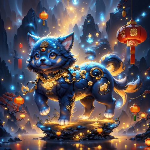  (Chinese Fantasy Q Edition style :1.5) Big eyes, small body, cute (Light painting concept design :1.1) Puppy hanging gold lights, dancing at night. The puppy's body gave off a faint, soft light, supplemented by a warm lantern light. The dog flies in the dark night, giving people a festive and lively feeling, lovely holiday style, cute animal