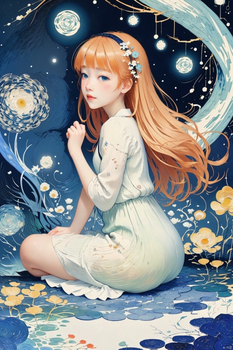  illustration, ((close)),from side,a kawaii girl with long white hair, featuring bangs and captivating blue eyes,sitting,looking at the sky, a path to dreams,(cartoon:1.2),BREAK,beauty,\
(Van Gogh's starry night\:1.2), dreams, health, art, illustrations,Create a dreamlike starry background, warm and beautiful, abstract and realistic, an extremely delicate and beautiful,extremely detailed,8k wallpaper,Amazing,finely detail,best quality,official art,extremely detailed, CG, unity, 8k, wallpaper , Children's Illustration Style, Scribble,