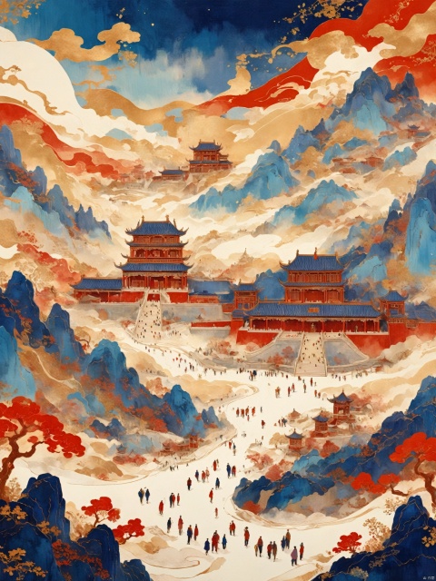 A painting of the ancient Chinese gardens and the sky, in the style of vibrant Chaos, Chinese new year festivals, mountainous vistas, red and gold, light bronze and indigo, Dazzling cityscapes, Carnivalcore