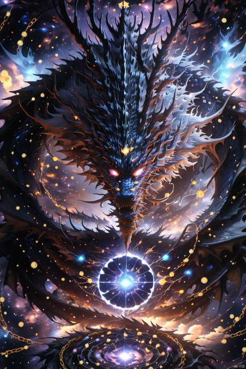  (close up:1.45),Dark ink version of Evil Dragon King, through black holes,strike illegal use of digital encryption technology, disrupt the digital realm of the universe and once, cross-chain information, digital currency, dark beam particles, (star vortex, star River, star ring :1.25), ultra HD, super detail, epic shock, visual art, surreal, BJ_Sacred_beast