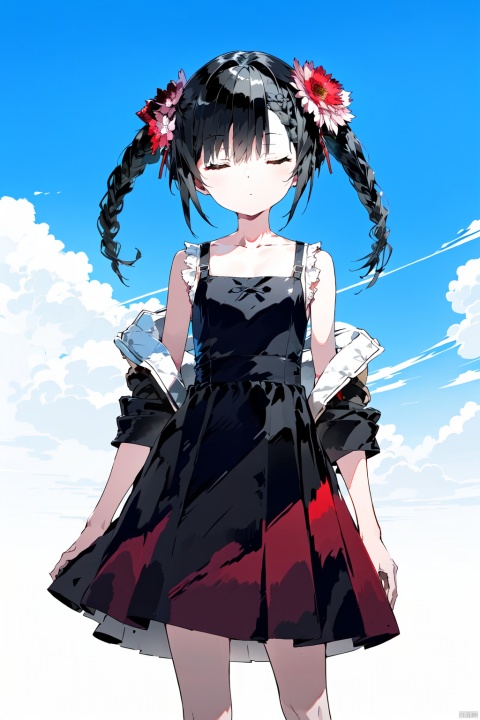 1girl, dress, solo, white dress, closed eyes, twin braids, long hair, braid, black hair, flower, bow, hair bow, jacket, red flower, red bow, sleeveless dress, strap slip, off shoulder, facing viewer, sleeveless, simple background, standing, collarbone, twintails, cloud