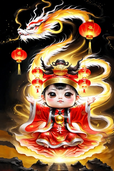 (Chinese fantasy mythology style :1.5) Big eyes, small body, lovely, (light painting concept design :1.2), Eastern mythology and legend of the God of Wealth, solo, hanging red lanterns, holding gold ingot in hand, wearing the God of wealth hat, symbolizing the accumulation of wealth, wearing gorgeous Chinese robes, sitting on a golden dragon, (carrying the God of Wealth to everyone's New Year gesture: 1.6), the body of the God of Wealth emits a faint festive light that echoes the warmth of the lantern. The God of wealth shuttles in the dark night, giving people a mysterious and peaceful feeling, happy and auspicious