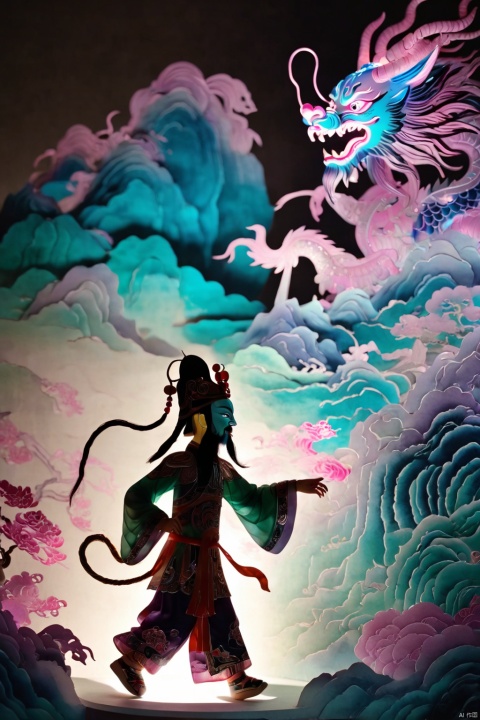 Shadow play, depth of field, dark background, (giant God Beast: 1.35), close-up, hologram, color curve, Chen Jialing style, Oriental flat aesthetics