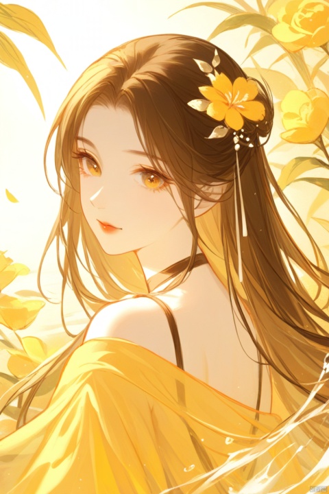 masterpiece,best quality,1girl, solo, hair ornament, brown hair, long hair,beautiful  eyes, upper body, choker, water, bare shoulders, looking at viewer, closed mouth, flower, looking back, yellow theme, dress
