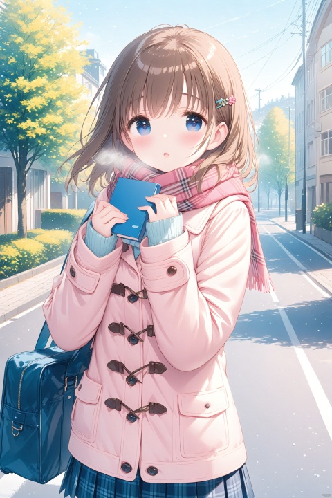  masterpiece,best quality,high quality,(colorful),loli,1girl, solo, outdoors, plaid, blush, scarf, bag, parted_lips, school_bag, hair_ornament, pink_scarf, brown_hair, bangs, long_sleeves, skirt, blue_eyes, building, looking_at_viewer, coat, sleeves_past_wrists, breath, plaid_scarf, day, cardigan, hands_up, blue_skirt, open_clothes, upper_body, school_uniform, plaid_skirt, pleated_skirt, hairclip, duffel_coat, road, tree, pink_cardigan, fringe_trim, street