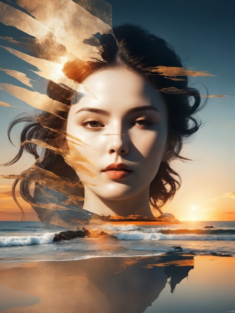  High quality, 8K Ultra HD, A beautiful double exposure that combines an goddess silhouette with sunset coast, sunset coast should serve as the underlying backdrop, with its details incorporated into the goddess , crisp lines, The background is monochrome, sharp focus, double exposure, awesome full color
