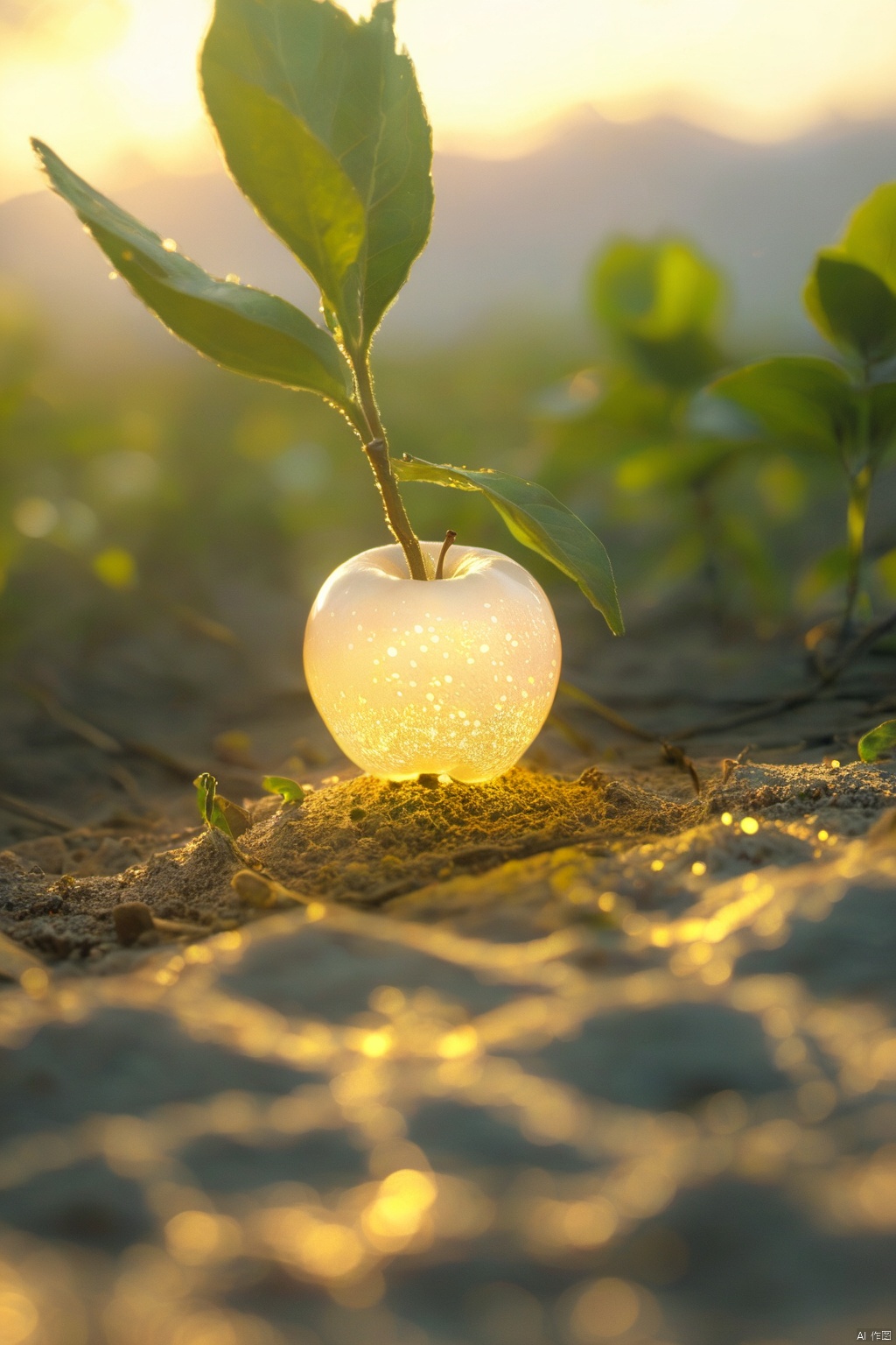  a delicate apple made of opal hung on branch in the early morning light, adorned with glistening dewdrops. in the background beautiful valleys, divine iridescent glowing, opalescent textures, volumetric light, ethereal, sparkling, light inside body, bioluminescence, studio photo, highly detailed, sharp focus, Oriental flat aesthetics