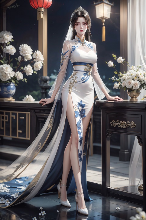  masterpiece, The best quality, 1girl, luxurious wedding dress, dreamy scene, white background, front viewer, looking at viewer, Flowers, romantic, Bride, Translucent white turban, UHD, 16k, , sparkling dress, yunbin, full_body, white stockings, wangyushan, Liu Yifei, chinese dress,white dress,
chinese clothes,dress,white dress,floral print,china dress,blue dress,hanfu,long sleeves,print dress,robe,skirt,sleeveless dress,widesleeves,yellow_footwear,high_heels,handbag