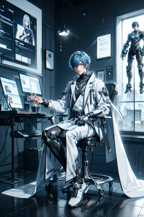  1 boy. Blue hair, futuristic cape, solo, looking at the audience, hair between eyes, smile, blue eyes, stand up jacket, male focus, white and black short jacket, science fiction, book, desk lamp, floating holographic screen, mechanical leg guards, (sitting: 1.2), sports shoes, starry sky, aurora borealis outside the window, cyberpunk

, Aso, machinery, Cyberpunk Concept