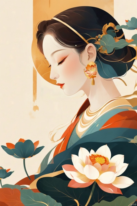  A beautiful woman with a simple lotus flower,Illustration,Minimalismm,dreamlike picture,subtle gradation,calm harmony,elegant use of negative space,graphic design inspired illustrations, Oriental flat aesthetics