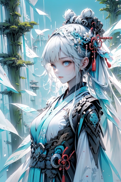  （Blue eyes, long white hair, bangs：1.36）,To shoot from above. ,art by Zao Wou-ki,extreme close - up, focus on face, A woman in Hanfu, wearing a white transparent veil Chinese swordsman floats over the bamboo forest and stretches his body, solo,gopro photography, enemy falling to the ground, ancient Chinese bamboo forest in the background, concept art,,QingKung,1girl,( super vista, super wide Angle:1.6),(horizon:1.3)