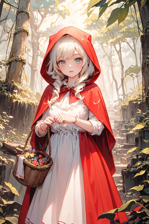  (a fairy tale setting:1.2), a digital artwork capturing the enchanting world of a forest, where the story of Little Red Riding Hood unfolds, (highly detailed:1.1),showcasing the intricate textures of nature, (mysterious ambiance:1.2), immersing the viewer in a sense of wonder and magic, (Little Red Riding Hood:1.3), a young girl dressed in her iconic red hooded cloak, Carrying a basket in hand, (lush greenery:1.1), surrounding her as she walks in the forest, (sunlight filtering through trees:1.1),casting a warm and gentle glow, (dynamic composition:1.1),flowers,capturing the anticipation and innocence of Little Red Riding Hood's journey, inviting viewers to step into the fairy tale world of a young girl venturing through the mysterious forest, her red cloak contrasting against the lush greenery, and discover what lies ahead in her captivating adventure., Anime