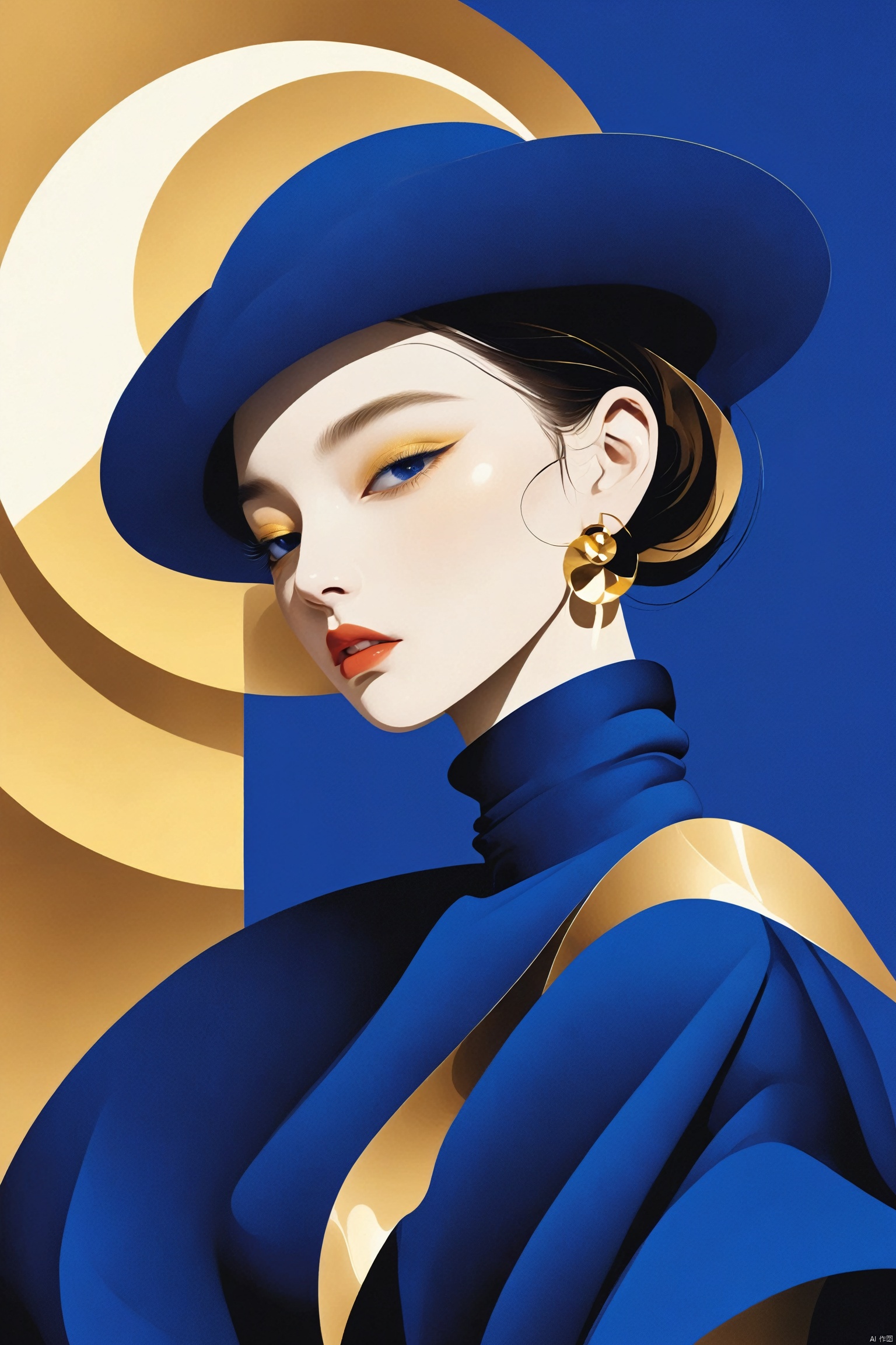 This vector illustration created in a surrealist style shows a fashionable girl wearing sapphire blue and gold clothing, striking an exaggerated pose that is characteristic of minimalist art.The background is pure Klein blue, which makes people feel pure and tranquil