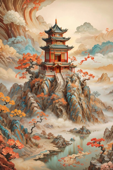  （The romantic style of Thomas Cole：1.32） 1girl,exquisite and complex background of flowers, Chinese dragons_ink and wash styles_misty clouds_ancient paintings_flames,(chinese dragon:1), yunqing, zydink, colors, Detail, dunhuang ancient style_imagination