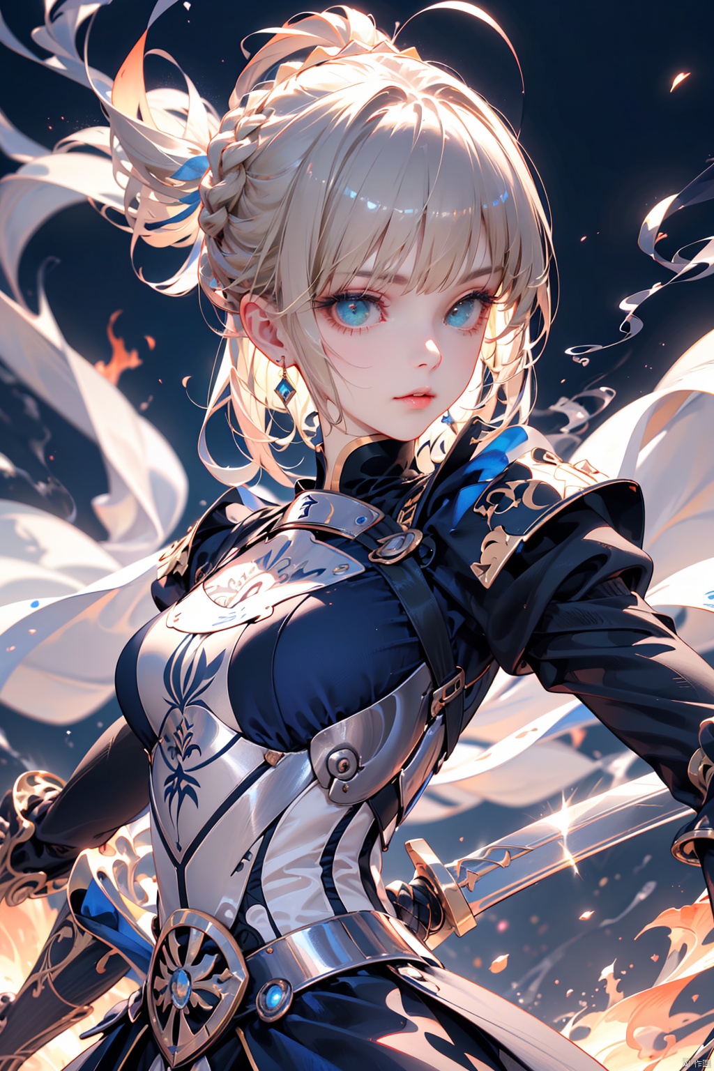  （（Blue eyes, long white hair, bangs：1.36）, artoria_pendragon_\(fate\), sword, weapon, saber, holding_sword, armor, blurry, solo, blurry_foreground, depth_of_field, holding_weapon, braid, blurry_background, gauntlets, ahoge, blonde_hair, hair_ribbon, blue_ribbon, glowing_weapon, green_eyes, holding, glowing_sword, fire, ribbon, sparks, excalibur_\(fate/stay_night\), looking_at_viewer,
Epic CG masterpiece, hdr,dtm, full ha,8K, ultra detailed graphic tension, dynamic poses, stunning colors, 3D rendering, surrealism, cinematic lighting effects, realism, 00 renderer, super realistic, full - body photos, super vista, super wide Angle, HD,(Blue smoke enveloped the body:1.5),(solo focus:1.7),
Saber,1girl, In hand sword,blue dress,Blue bow,gorgeous armor,platinum blonde hair,
close-up,(imid shot,macro shot:1.25),(Detailed face description),(Detailed hair description),(Detailed clothes description),
A shot with tension,(sky glows red,Visual impact,giving the poster a dynamic and visually striking appearance:1.2),
