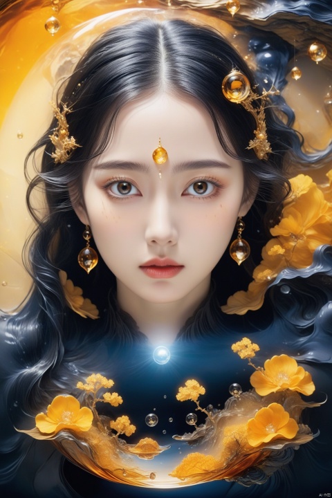  In the depths of the amber,a dark and mysterious world unfolds,where a surreal death girl with eyes of liquid gold wanders,lost in the amber's enigmatic dreamscape surrealistic, cfwen